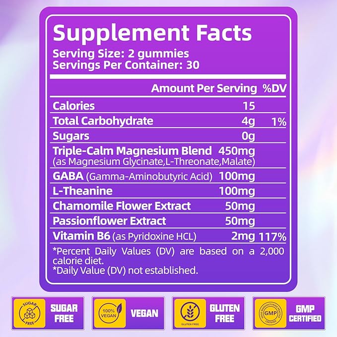 Magnesium Glycinate Gummies for Adults & Kids, High Absorption Triple Magnesium Complex Supplement with Glycinate, L-Threonate, Malate, Vegan, Sugar Free Chews for Sleep & Calm Mood, 2 Pack