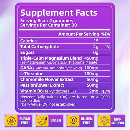 Magnesium Glycinate Gummies for Adults & Kids, High Absorption Triple Magnesium Complex Supplement with Glycinate, L-Threonate, Malate, Vegan, Sugar Free Chews for Sleep & Calm Mood, 2 Pack