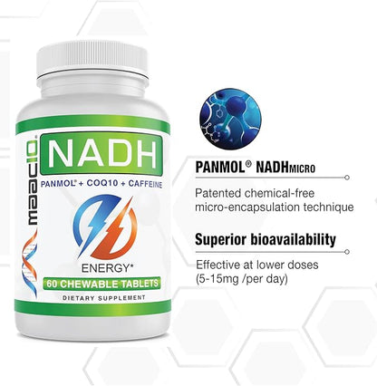 MAAC10 Energy Booster - with NADH, Caffeine & Coq10 Fast Acting Chewable Tablets - Great for Fatigue, Energy & Mental Focus.