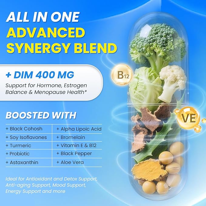 Lukaree DIM Supplement 400MG for Women - 12 in 1 Liposomal Dim Capsules- with Black Cohosh, Soy Isoflavones & Alpha Lipoic Acid, Vegan, 60 Ct.
