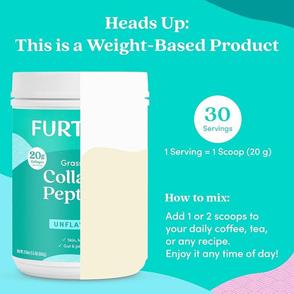 Further Food Unflavored Collagen Peptides Powder - 100% Grass-Fed, Hydrolyzed Type 1 & 3, 20g of Collagen per Serving, Supports Skin, Hair, Nails & Joints, 21.16 Oz