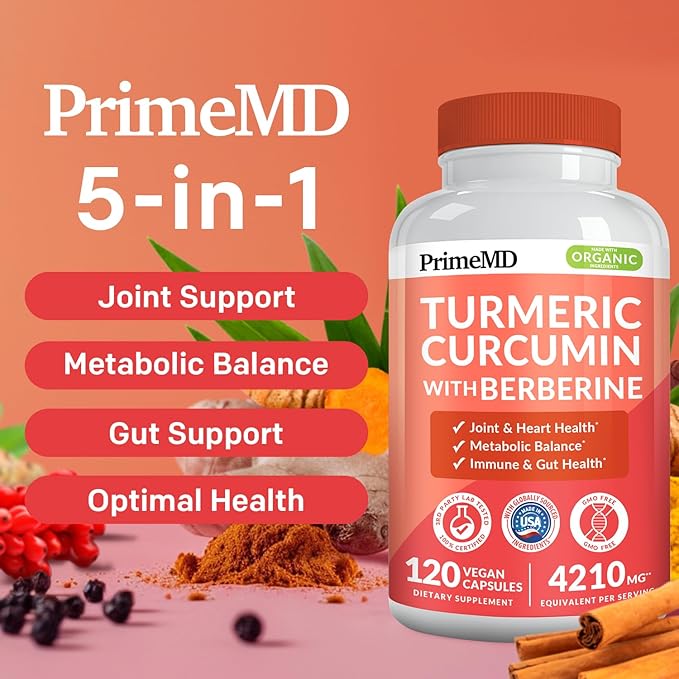5-in-1 Organic Turmeric Curcumin Supplement (4210mg) with Berberine, Ceylon Cinnamon Bioperine and Ginger Supplements for Joint, Heart, Gut, & Metabolic Support (60 Servings) (Pack of 3)