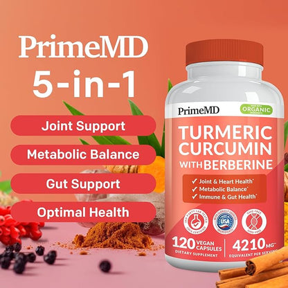 5-in-1 Organic Turmeric Curcumin Supplement (4210mg) with Berberine, Ceylon Cinnamon Bioperine and Ginger Supplements for Joint, Heart, Gut, & Metabolic Support (60 Servings) (Pack of 3)