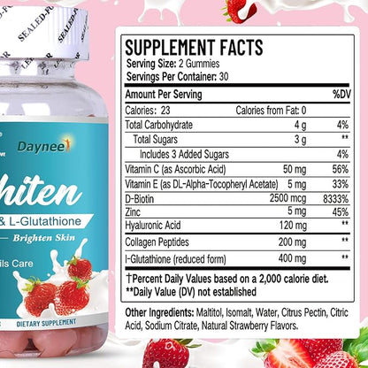 Skin Whiten Gummies, Contains Collagen & L-Glutathione, Support Brighten Skin, Fade Spots & Anti-Aging, 60 Count