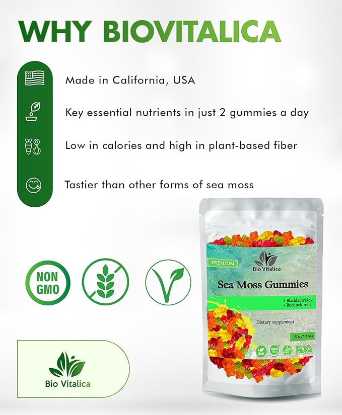 BIO VITALICA Sea Moss Gummies – with Bladderwrack & Burdock Root – Wildcrafted Gel + Powder – Vegan, Keto, Non-GMO, Gluten-Free – Fruity Mineral-Rich Gummies – 50 Count (2 Pack)