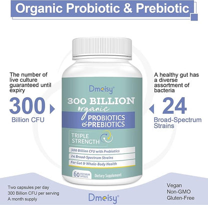 Probiotics for Women and Men, 300 Billion CFU 24 Strains Probiotics + 15 Organic Herbs Prebiotics Blend, Shelf Stable Gut Health Supplement for Digestive Immune & Whole-Body Health, 4 Month Supply