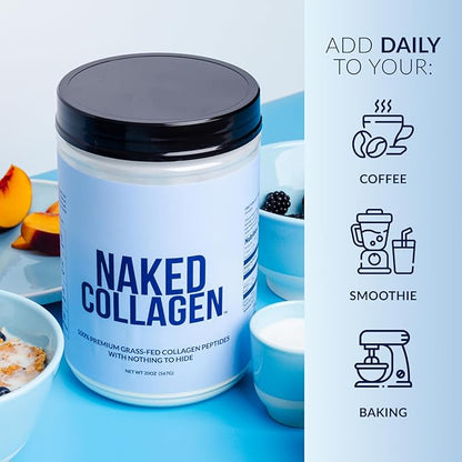 NAKED Collagen Peptides Protein Powder, 60 Servings, Pasture-Raised, Unflavored Grass-Fed Hydrolyzed Collagen Supplement, NSF Certified, Paleo Friendly, Non-GMO, Keto, Gluten Free, 20oz