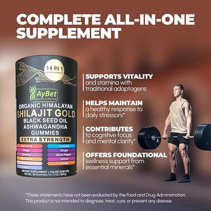 Organic Himalayan Shilajit Gold Gummies for Men and Women, Black Seed Oil, Ashwagandha, Ginseng, Turmeric, Gokshura, Lion's None, Lab Tested,%75 Fulvic Acid, No Sugar Added, Halal, 90Gummy