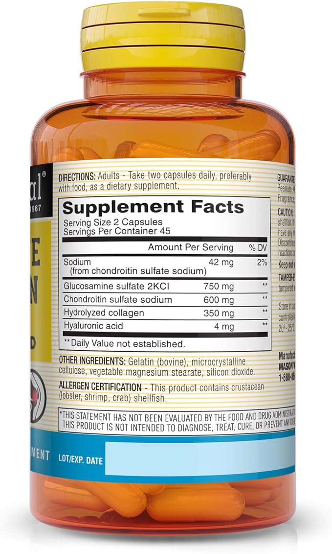 MASON NATURAL Glucosamine Chondroitin with Collagen & Hyaluronic Acid, 45-Day Supply Capsules for Normal Joint, Mobility, Flexibility, & Aging Support, 90 Capsules