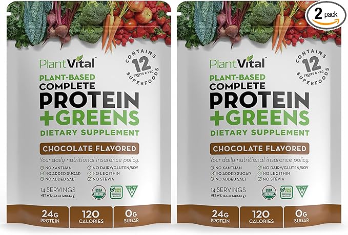 Plantvital Vegan Protein Powder Plant Based, Organic Protein Powder Chocolate 24g/0g Sugar, 12 Superfoods, Veggies, Probiotics, Raw Cocoa, Kale, Beets, Spirulina, Pea, Gluten-Free, Keto-Friendly,32oz