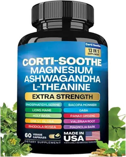 Zoyava Corti-Soothe Cortisol Supplement Magnesium Glycinate 200mg L-Theanine 150mg Ashwagandha 150mg Phosphatidylserine Cortisol Manager Lions Mane Ginkgo Biloba Bacopa Monnieri Valerian Root 60 Caps