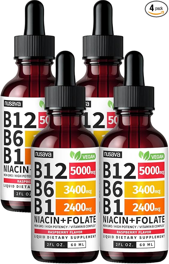 (4 Pack) Vitamin B12 and B6 Liquid Drops, B12 Sublingual Vitamin B Complex - B 12 Vitamin 5000mcg - B12 Methylcobalamin for Energy, Brain, and Heart Support with 27,200 mcg, Strawberry, 80 Servings