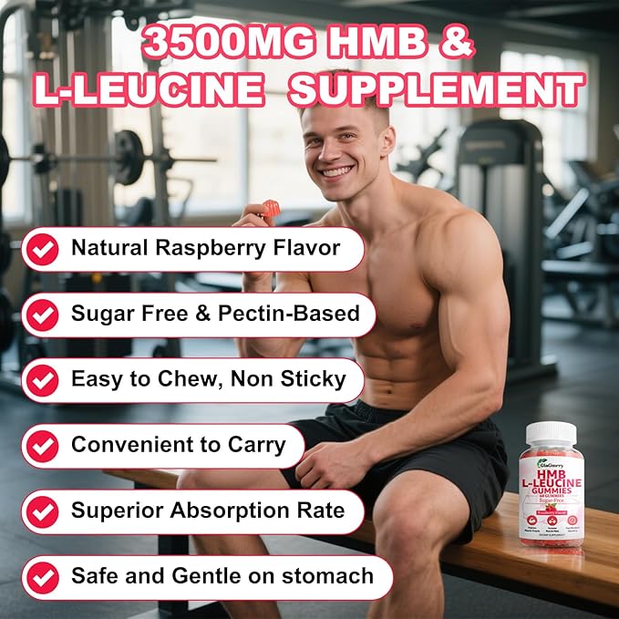 2 Pack HMB and Leucine Gummies, HMB & Leucine Amino Acid for Muscle Growth, Muscle Relief, HMB Supplements for Men & Women, Vegan, Non-GMO, Raspberry Flavor, 120 Count