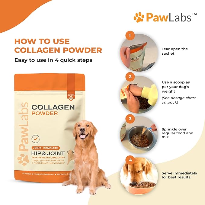 PawLabs Collagen Powder for Dogs - Collagen Type II from Chicken Sternum, Eggshell Membrane, Hyaluronic Acid, Vitamin E & C - Joint Health & Cartilage Support