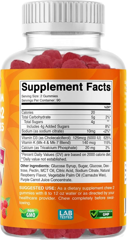 Vitamin D3 + K2 Gummies – Bone & Heart Health Support – 180 Pectin-Based Vegan Gummies