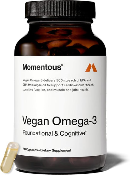 Momentous Vegan Omega-3 - Plant-Based EPA & DHA Supplement for Men & Women - Sourced from Algae Oil - Supports Heart, Joint, & Brain Health - NSF Certified for Sport - 1,000 mg - 30 Servings