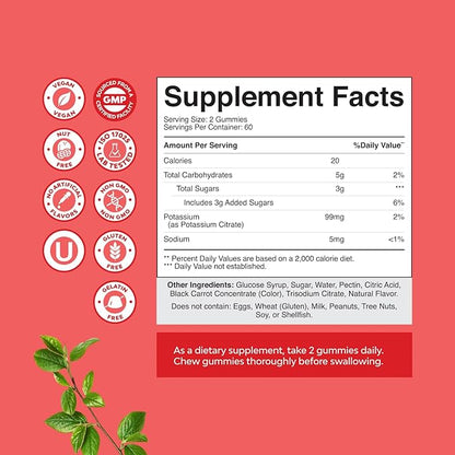 High Potency Potassium Gummies for Adults - Powerful Potassium Supplement Gummies for Optimal Health - Delicious Strawberry-Flavored - Vegan - 120 Count