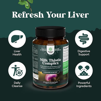 Liver Support Milk Thistle Supplement for Liver Cleanse Detox & Repair - Advanced Milk Thistle and Dandelion Root Supplement with Artichoke Extract - Dandelion Capsules for Detox - 60 Ct