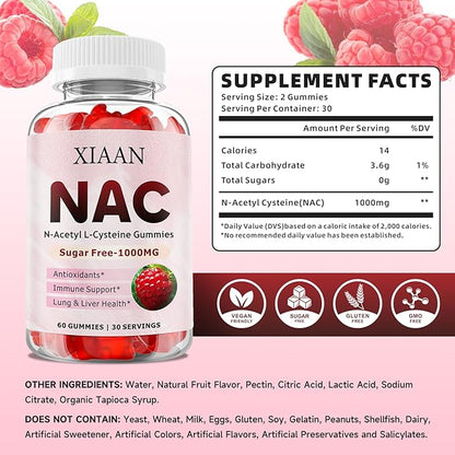 NAC Gummies for Kids & Adults, N Acetyl Cysteine 1000mg NAC Supplement for Antioxidants & Immune Support, Lung & Liver Health, Raspberry Flavor 120 Count