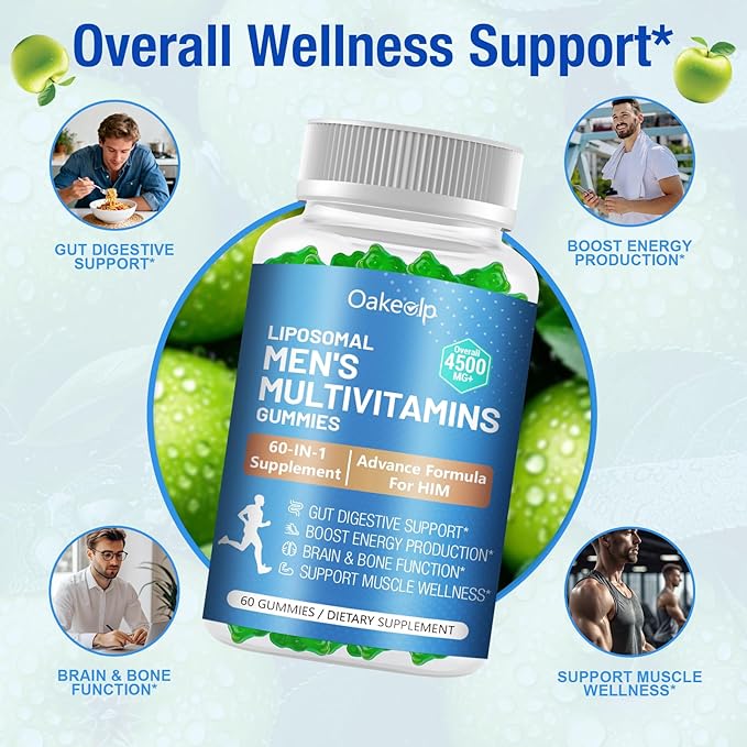 2 Pack 60-IN-1 Liposomal Methylated Multivitamin Gummy for Men Overall 4500MG+,Vitamin A C D3 K E B Complex ,Probiotics,Omega 3,CoQ10,Zinc,120+ Nutrients,for Immune,Heart and Digestive Wellness