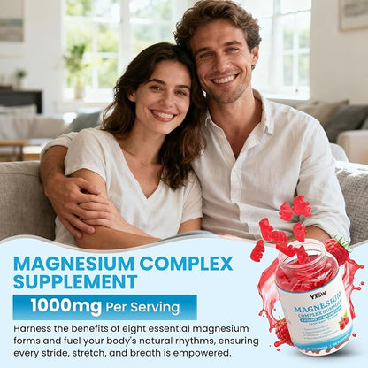 Magnesium Complex Gummies 8 Elemental 1000mg - Magnesium Glycinate, Citrate, Malate, Taurate, Supports Bones, Muscle, Nerve Health, for Women & Men, Vegan Non-GMO, Raspberry Flavor, 60 Count
