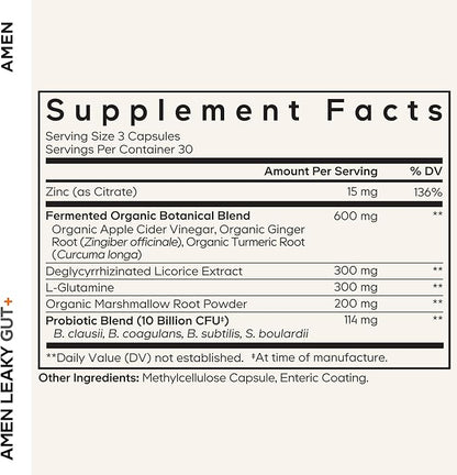 Amen Leaky Gut Supplement - Advanced Formula with Bioavailable L Glutamine, Zinc, Turmeric, DGL Licorice Root - Marshmallow Root - Probiotics & Fermented Prebiotics - Vegan, Non-GMO - 90 Capsules