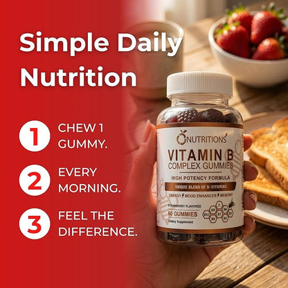 O NUTRITIONS Vitamin B Complex Gummies for Women & Men – High Potency B12 (833% DV) & Biotin – Energy, Mood & Metabolism Support – Vegan Strawberry Gummy Vitamins – 60 Gummies, 2-Month Supply