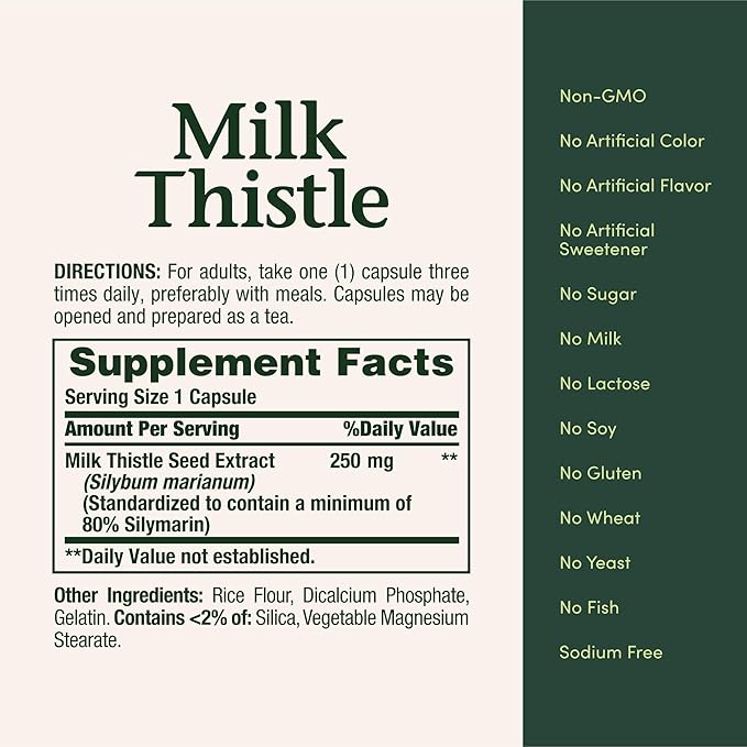 Nature's Bounty Milk Thistle Capsules, Traditionally Used for Liver Health, Herbal Supplement, 250 mg per Serving, 200 Count