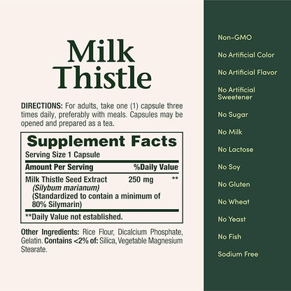 Nature's Bounty Milk Thistle Capsules, Traditionally Used for Liver Health, Herbal Supplement, 250 mg per Serving, 200 Count