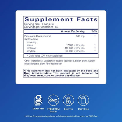 Pure Encapsulations Pancreatic Enzyme Formula - Digestive Enzymes for Digestion - Strengthens Gut Health* - Targeted Delivery Capsules - Gluten Free & Non-GMO - 60 Capsules