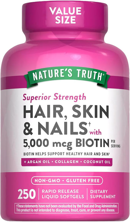 Nature's Truth Hair, Skin & Nails Vitamins | 5000mcg | 250 Softgels | Includes Collagen, Biotin and Coconut Oil | Non-GMO & Gluten Free Supplement for Women and Men