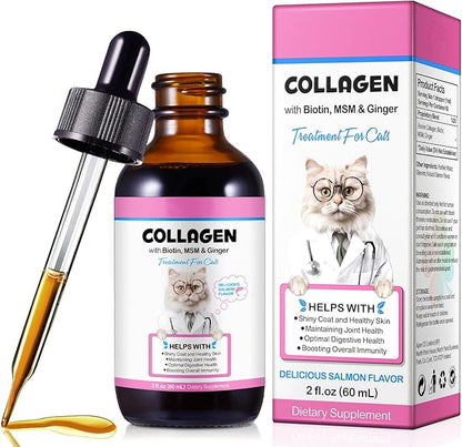 Liquid Collagen for Cats, Cats Collagen Liquid Drops with Biotin, MSM & Ginger Immunity Support, Itch Relief, Skin & Coat and Joint Health Supplement for Cat 60ml