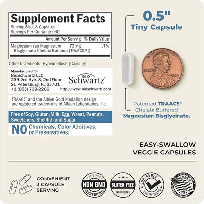 Magnesium Bisglycinate Chelated Supplement - High Absorption Magnesium Glycinate Supplement for Women and Men - Sleep, Muscle, Bone & Joint Support - Non-GMO, Non-Laxative Chelate - 180 Capsules