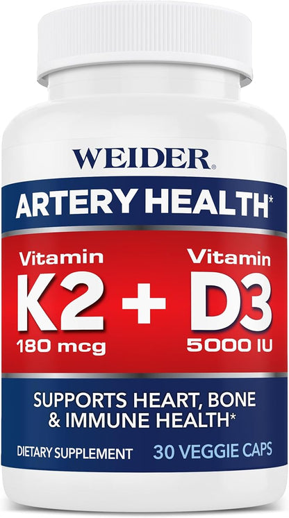 Weider Artery Health - Artery Flexibility & Heart Health - with Vitamin K2, D3 & Ginger - Bone & Immune Support* - Gluten Free & Vegan - 30 Veggie Capsules