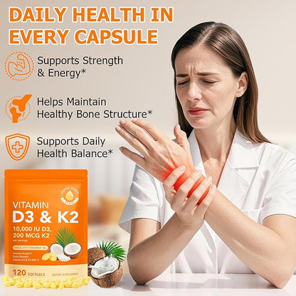 Vitamin D3 K2 with Coconut Oil - Vegan Vitamin D3 & Mk7 Vitamin K2for Bone & Immune Support - Non-GMO, Soy Free - 120 Softgels