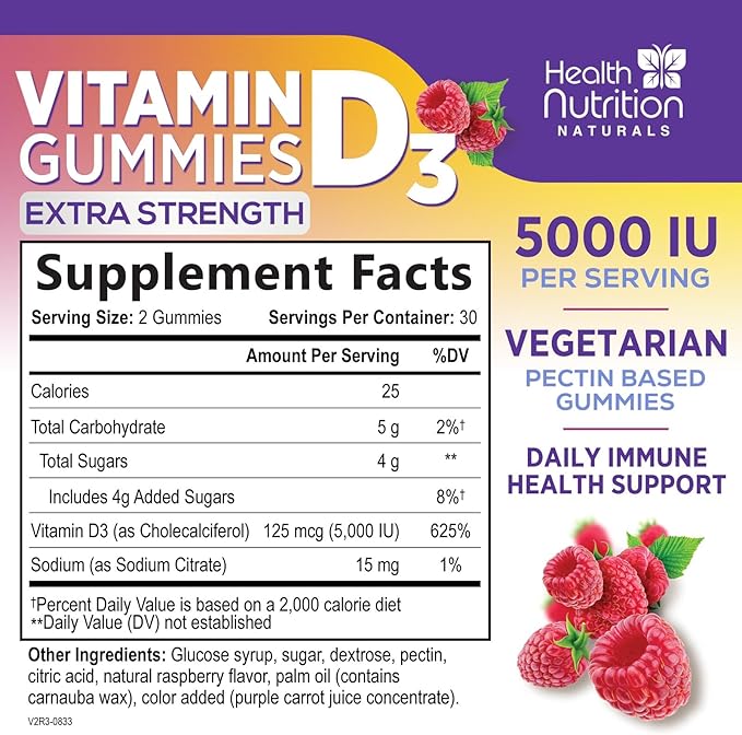 Vitamin D3 Gummies 125 mcg (5000 IU) Per Serving - 3X Strength Immune Support & Bone Support, Vitamin D Gummy Dietary Supplement, Nature's Berry D Vitamin Supplement, Raspberry Flavored - 60 Gummies