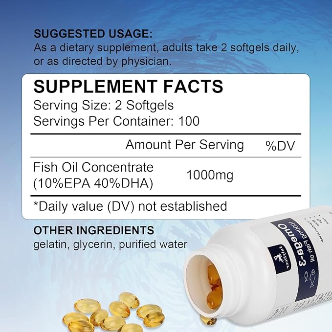 Fish Oil Omega 3 Concentrate Supplement 1000 mg, Rich in EPA and DHA, Supports Heart, Joint, Brain, and Eye Health, Promotes Overall Well-Being, Strengthens The Immune System, Non-GMO | 200 softgels