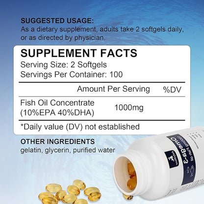 Fish Oil Omega 3 Concentrate Supplement 1000 mg, Rich in EPA and DHA, Supports Heart, Joint, Brain, and Eye Health, Promotes Overall Well-Being, Strengthens The Immune System, Non-GMO | 200 softgels