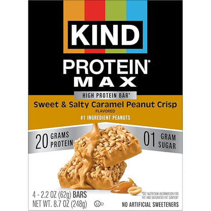 KIND Protein MAX Sweet & Salty Caramel Peanut Crisp Snack Bars, 20g of Protein, Keto Friendly, 1g of Sugar Per Bar, Gluten Free, 4 Count Box