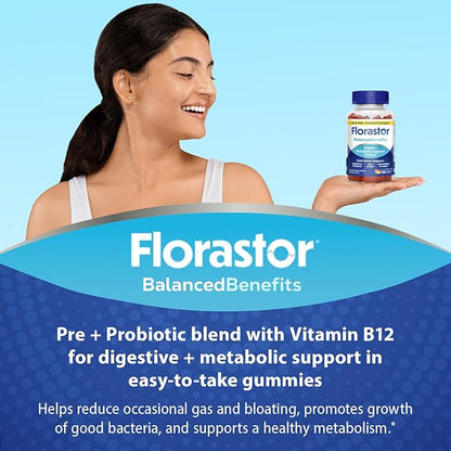 Florastor Prebiotic and Probiotic Gummies, Digestive and Metabolic Support Probiotic Blend for Multi-Action Digestive Health Care, with Vitamin B12, 56 Gummies