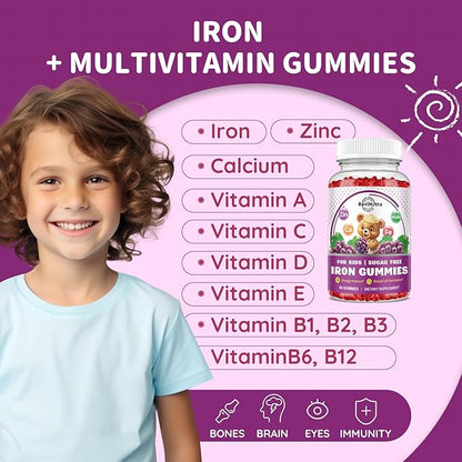 Iron Supplement Gummies for Kids - with Calcium, Zinc, Kids Multivitamin with Iron Gummies - Immune Support, Blood Builder & Energy Support for Iron Deficiency, Anemia, Vegan - 60 Count Grape Flavor