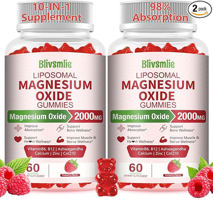 2 Pack Liposomal Magnesium Oxide Gummies 2000mg Complex Ashwagandha,CoQ10, L-Theanine, L-5-MTHF, Methyl B12, Zinc for Sleep & Energy,Stress Relief,Heart Health,Neuro Support