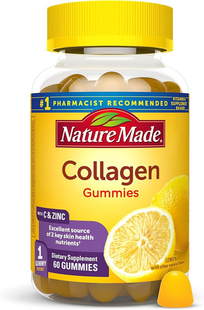 Nature Made Collagen Gummies with Vitamin C, Zinc, Biotin, Hydrolyzed Collagen Peptides for Women and Men, Healthy Skin Support Supplement, 60 Gummies, 60 Day Supply