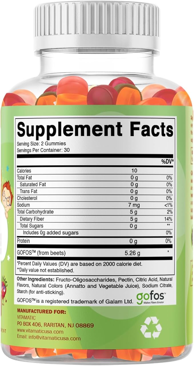 Vitamatic Kids Prebiotic Fiber Gummies – Extra Strength 4g Fiber – Zero Sugar Added – 60 Pectin-Based Gummies – Digestive Health & Regularity Support