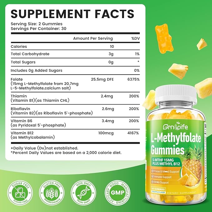 L-Methylfolate 15 mg Gummies with Methyl B12, Methylated B1, B2, B6, Active 5-MTHF & High Absorption - Supports Brain Health & Immune System, Pineapple Flavor, 60 Count