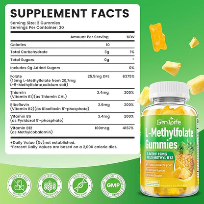 L-Methylfolate 15 mg Gummies with Methyl B12, Methylated B1, B2, B6, Active 5-MTHF & High Absorption - Supports Brain Health & Immune System, Pineapple Flavor, 60 Count