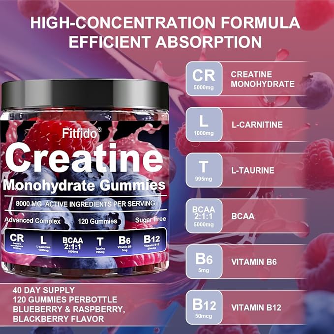 Creatine Monohydrate Gummies Complex 8000mg for Men and Women, Containing L-carnitine & Taurine, Build Muscle, Boost Energy, Faster Recovery, Sugar Free & Vegan, Raspberry & Blackberry, 120 Count
