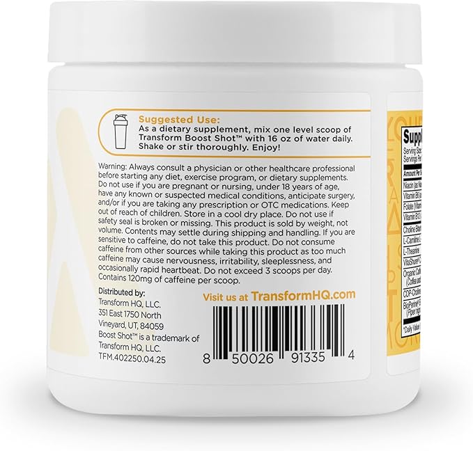 TransformHQ Energy & Focus Powder (Peach Mango) - Boost Shot Clean Energy Drink Mix - Sugar Free - Non-GMO, Gluten-Free - 28 Servings