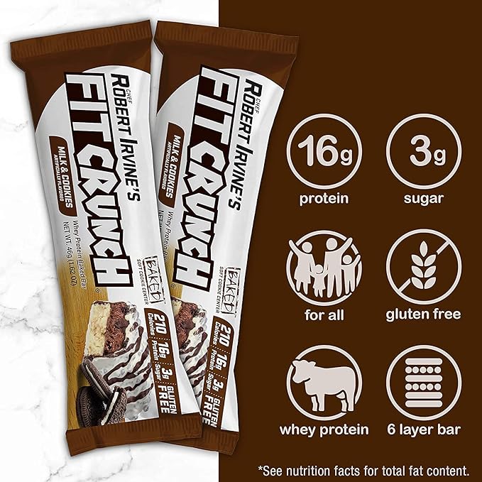 FITCRUNCH Snack Size Protein Bars, 6-Layer Baked Bar, 3g of Sugar & Soft Cake Core (18 Bars, Milk and Cookies)