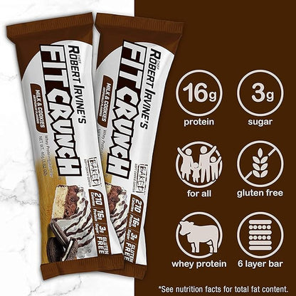 FITCRUNCH Snack Size Protein Bars, 6-Layer Baked Bar, 3g of Sugar & Soft Cake Core (18 Bars, Milk and Cookies)